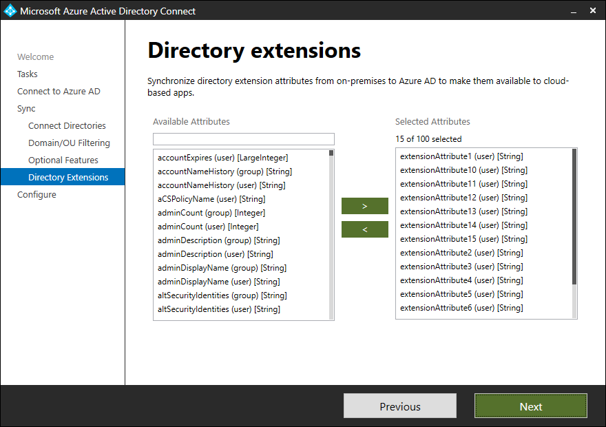 Entra Connect Directory Extensions pane showing available and selected attributes